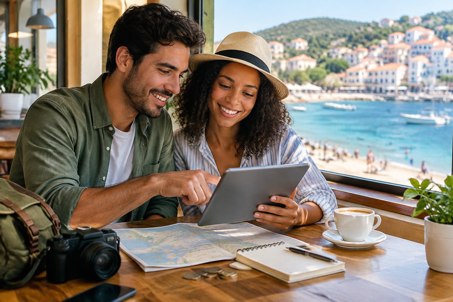 A newlywed couple compares travel options at a café overlooking a coastal town.