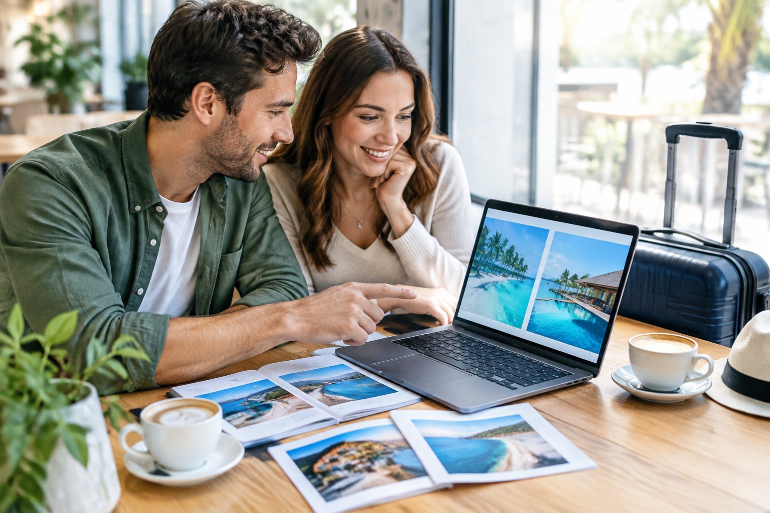A couple compares honeymoon travel options together at a café table.