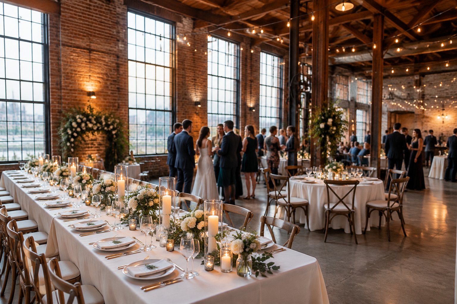 A wedding reception set inside a brick-walled industrial venue.