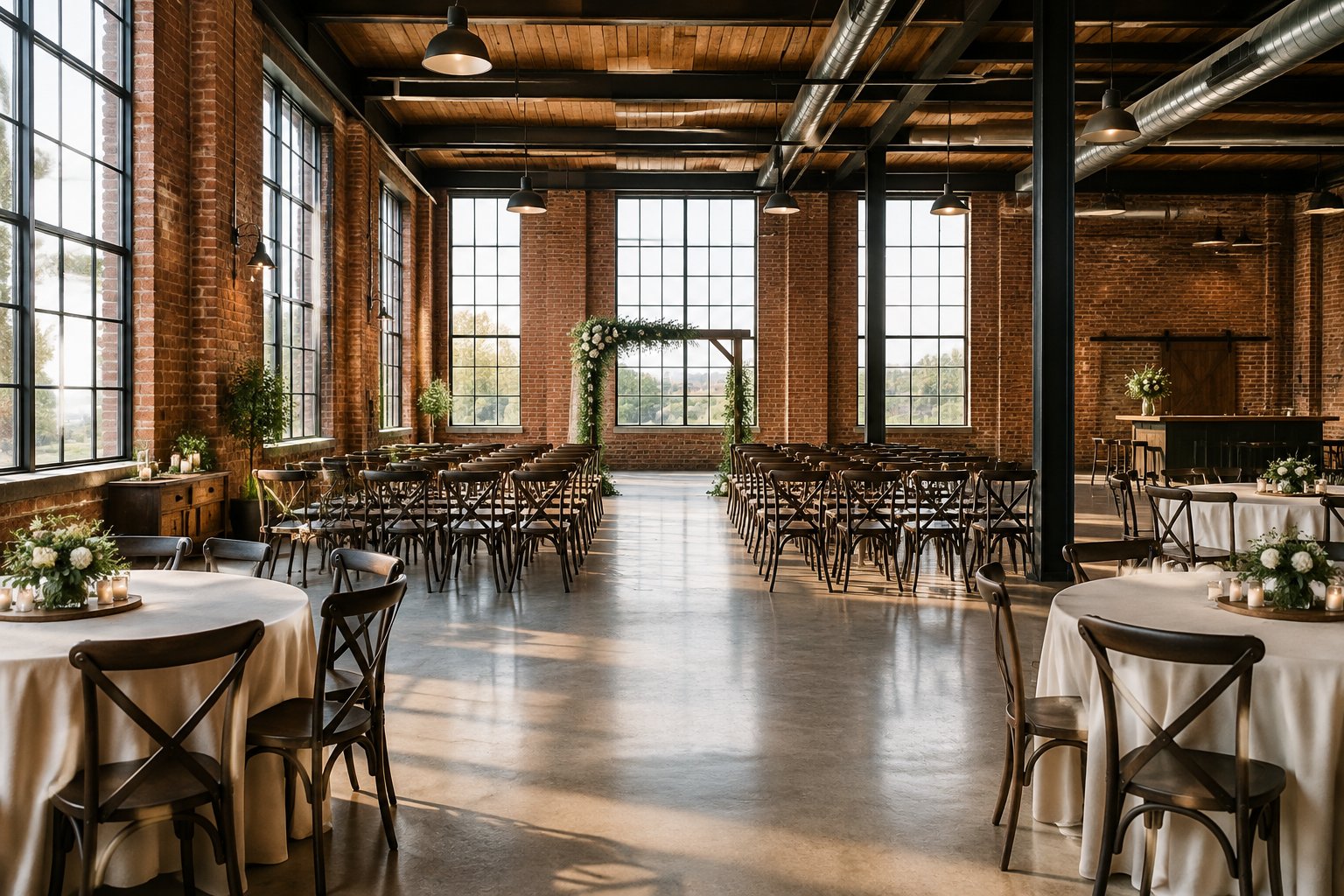A wedding ceremony setup inside a brick-walled venue with tall windows and steel beams.