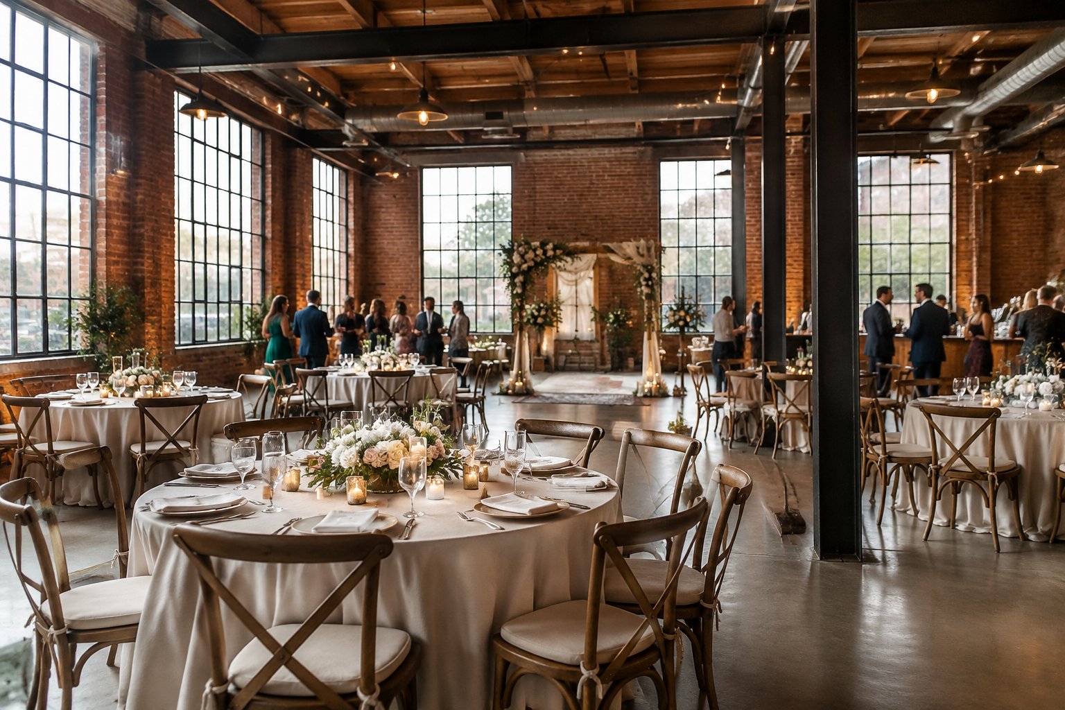 Guests mingle at a wedding reception in a brick-walled industrial venue.