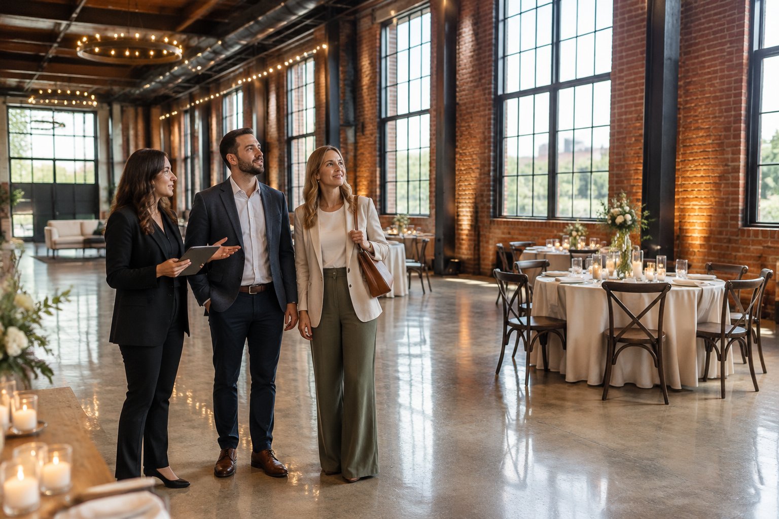 A couple and a venue coordinator inspect an industrial wedding venue.