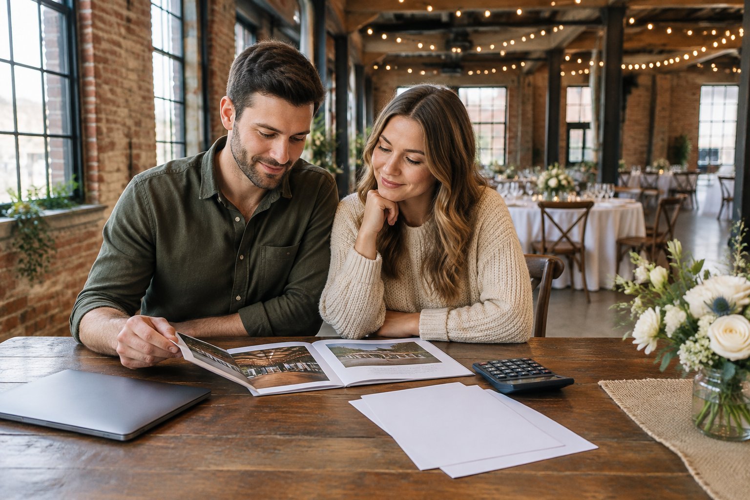 A couple reviews wedding plans at a table inside an industrial venue.