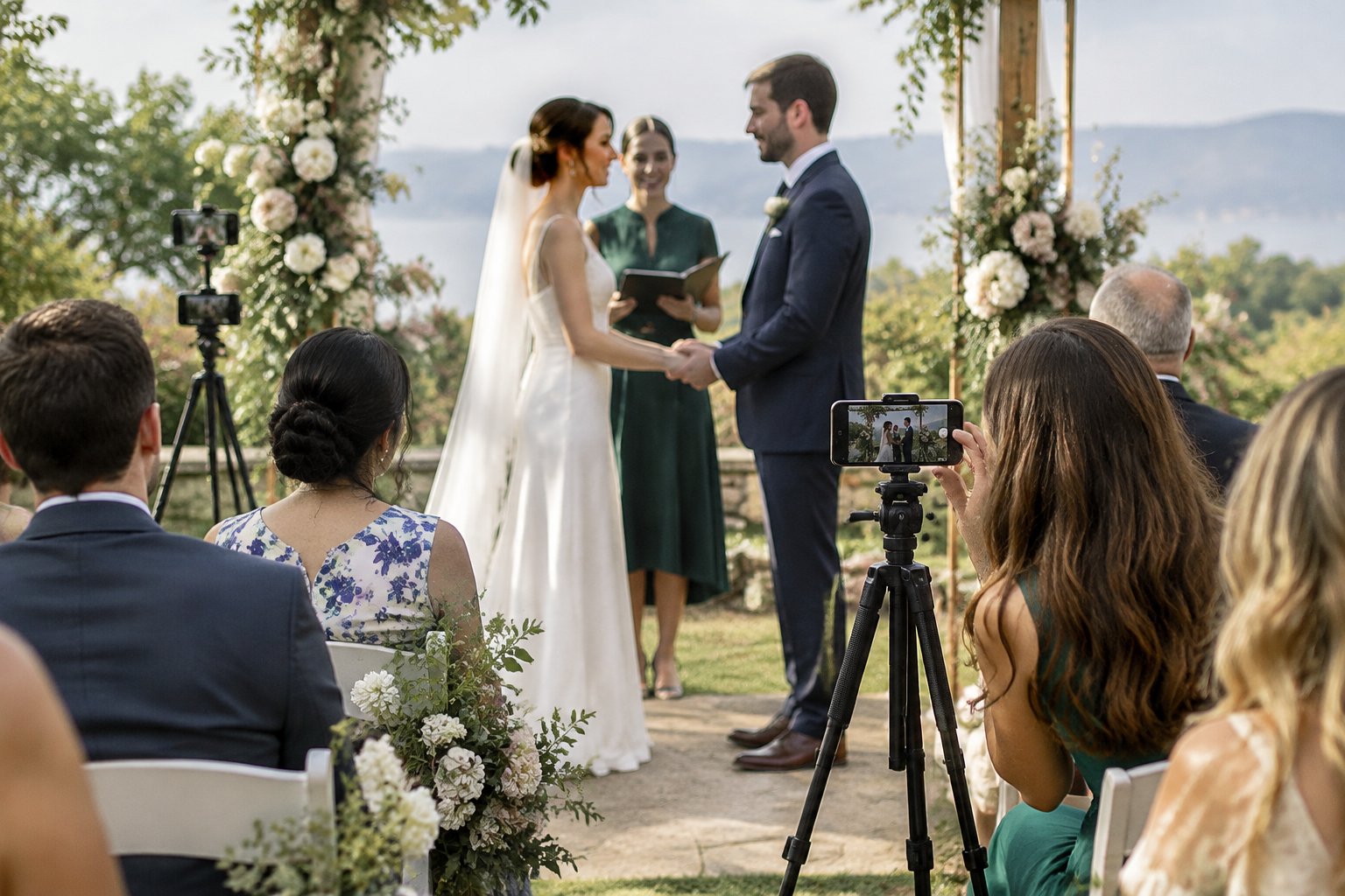 A couple exchanges vows as a smartphone on a tripod records their wedding ceremony.