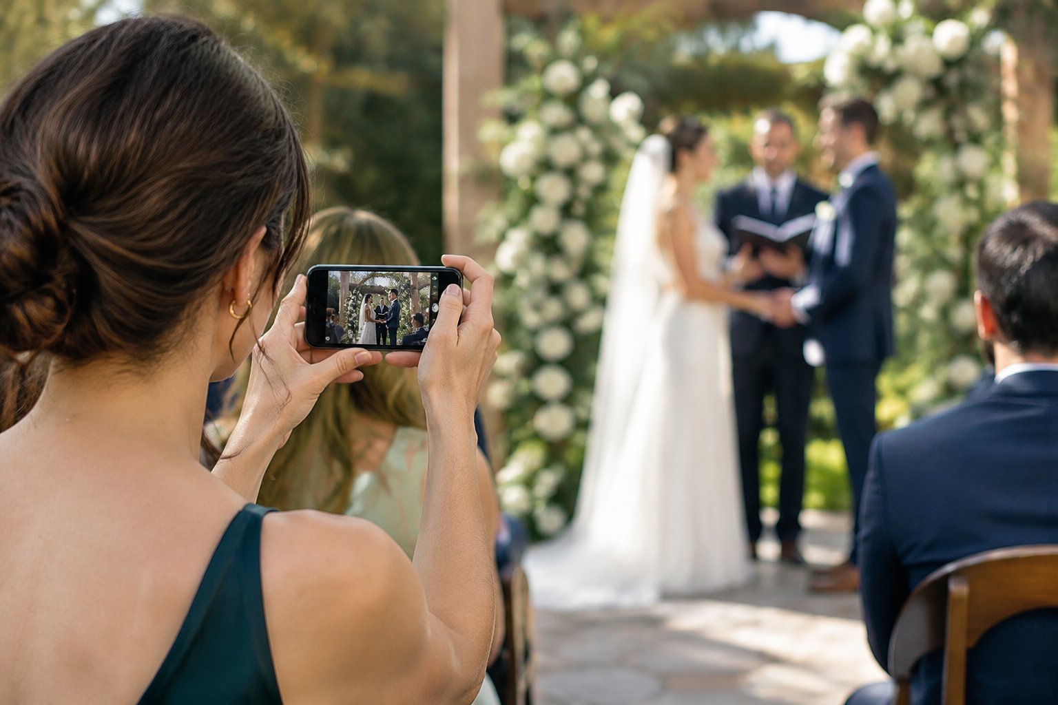 A wedding guest records a couple exchanging vows on a smartphone.