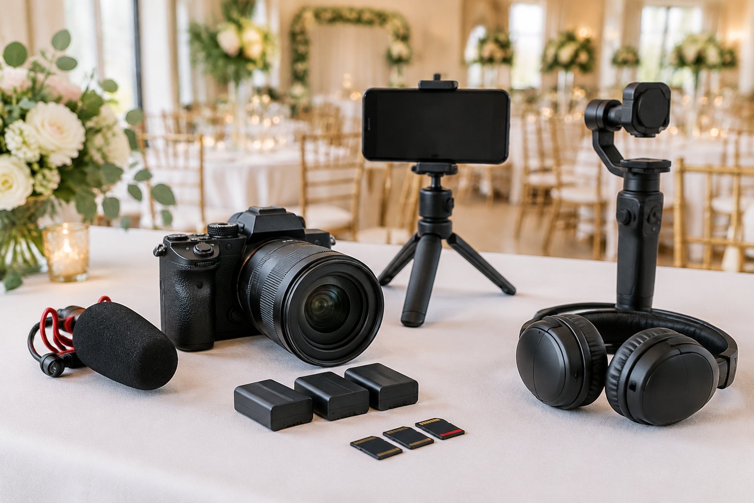 Camera gear and recording accessories arranged on a table at a wedding venue.