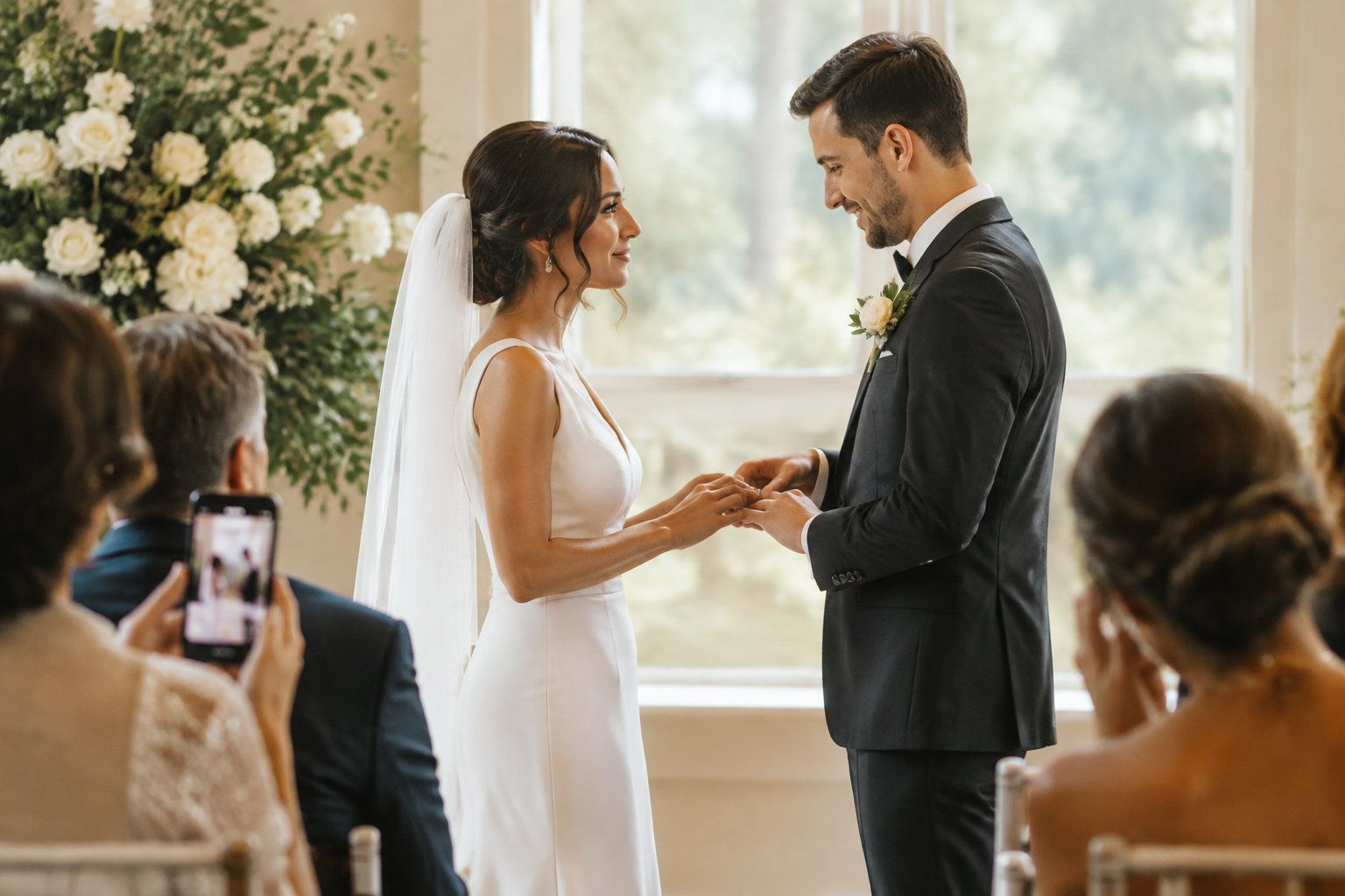 A couple exchanges rings as a guest records their wedding ceremony on a phone.