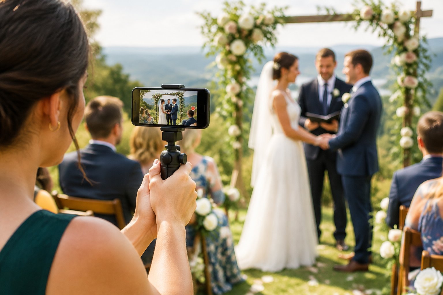 A guest films a wedding ceremony with a stabilized camera while a small microphone captures the vows.