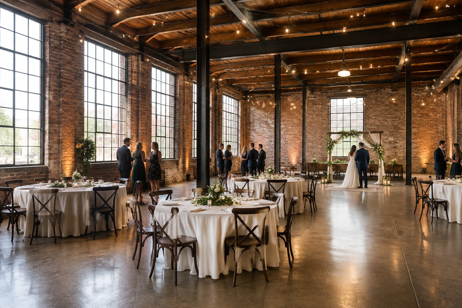 Guests gather for a wedding reception in a brick-walled industrial venue.