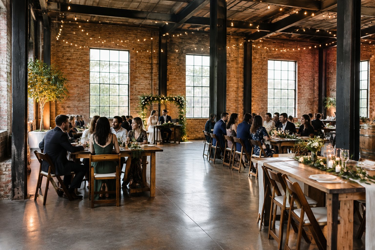 Guests gather at simply decorated tables in a brick warehouse wedding venue.