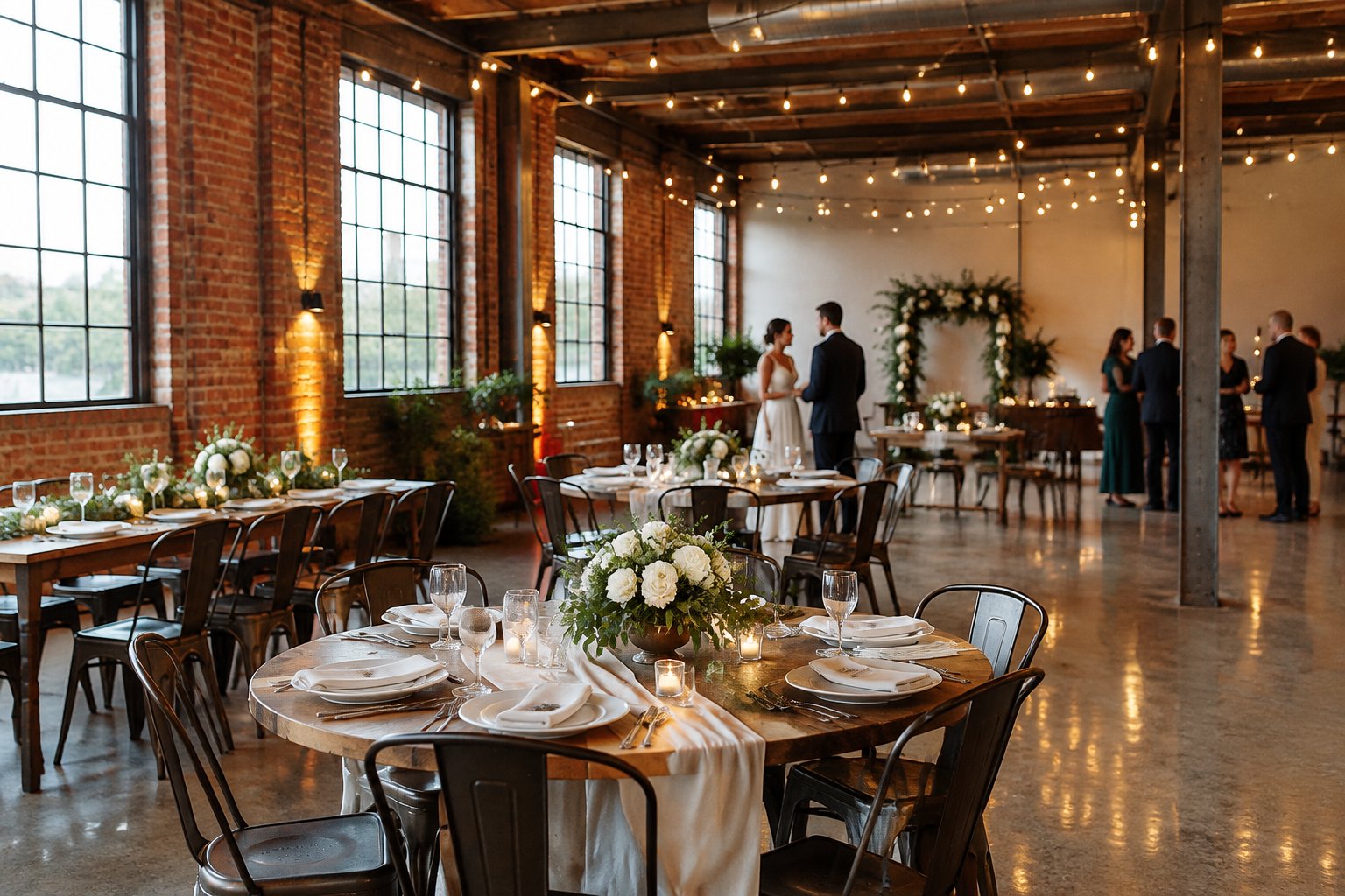 A couple and guests gather in a brick warehouse venue arranged for a wedding reception.