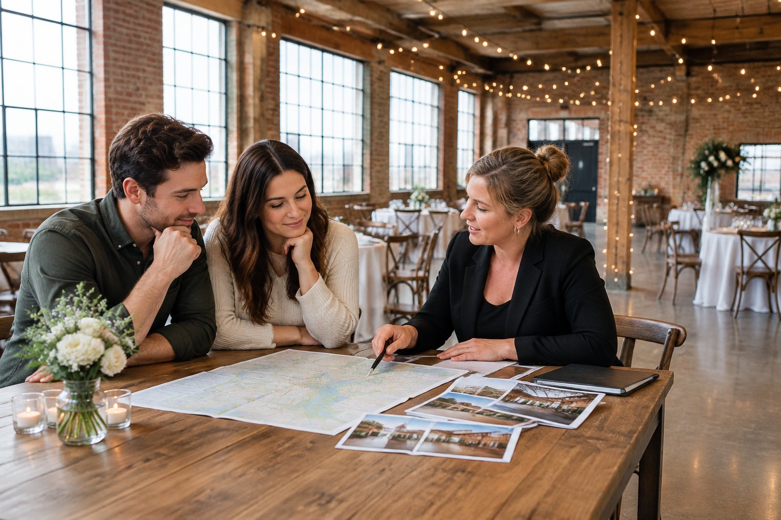 A couple and a venue coordinator review a city map inside a warehouse event space.