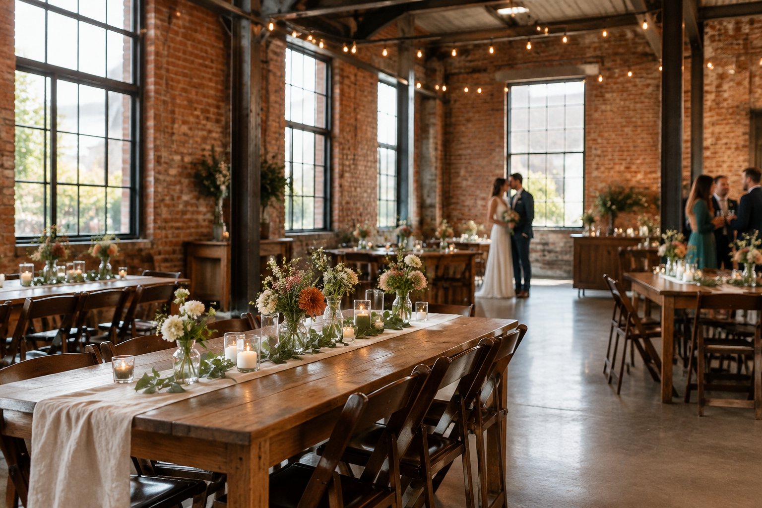 A couple stands in a brick-walled reception venue decorated with flowers and string lights.
