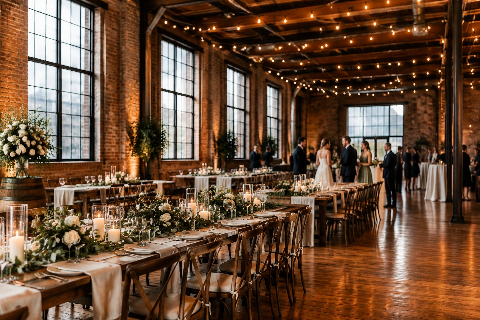 Guests gather around decorated tables in a brick-walled wedding venue.