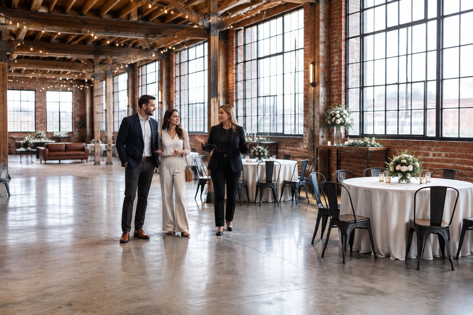 A couple tours a spacious warehouse wedding venue with a coordinator.