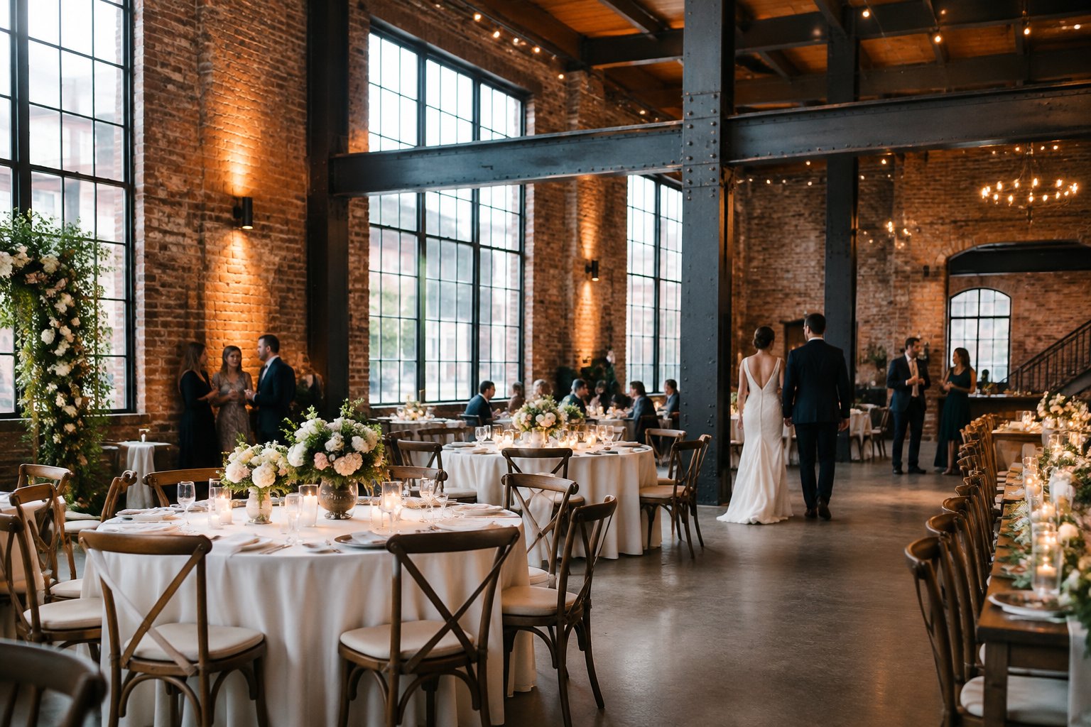 A couple celebrates with guests in a brick warehouse wedding venue.