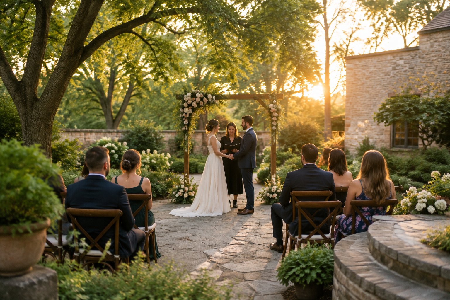 A couple stands beneath a floral arch at an outdoor garden wedding.