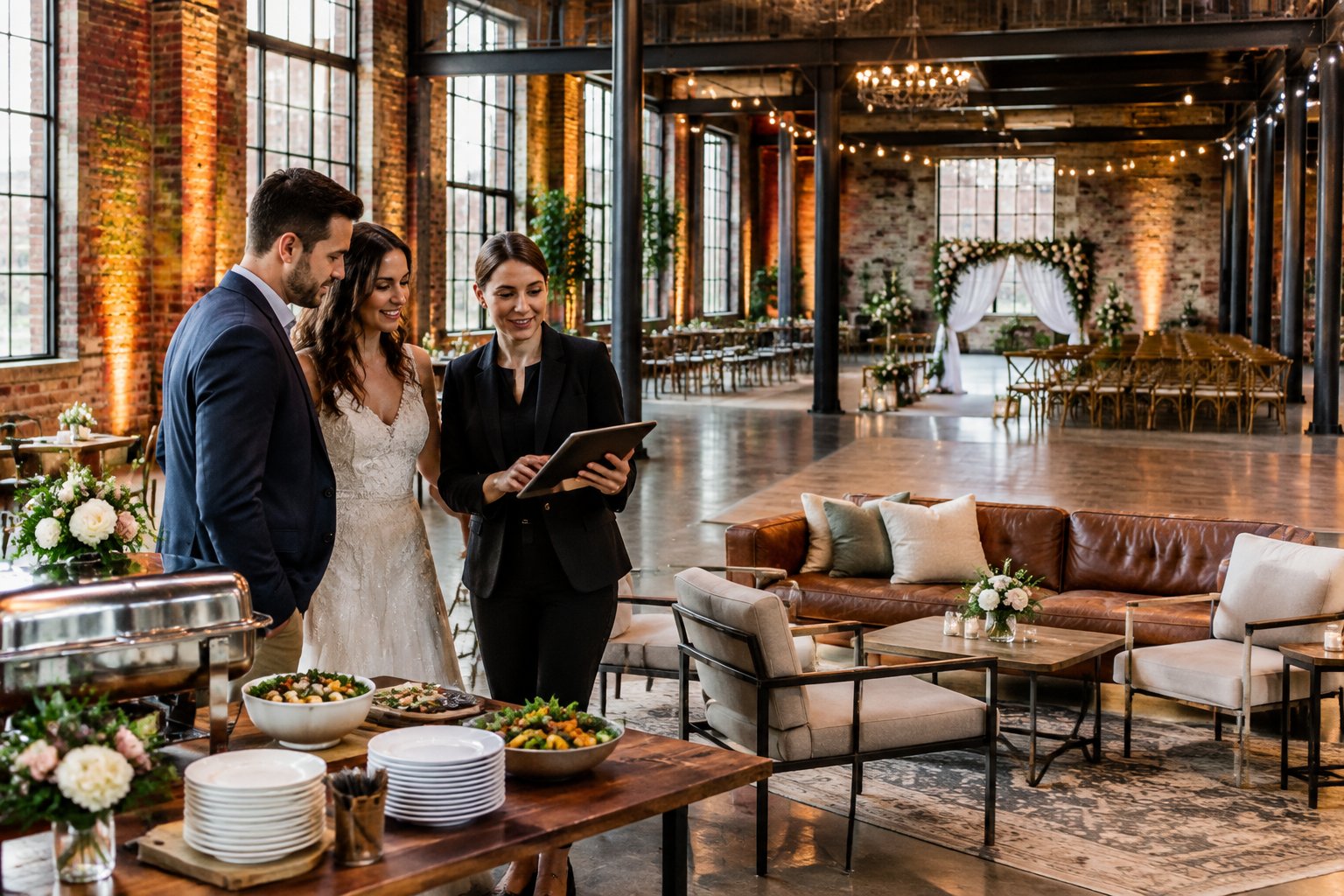 A couple and wedding planner review venue options inside a decorated industrial wedding venue.