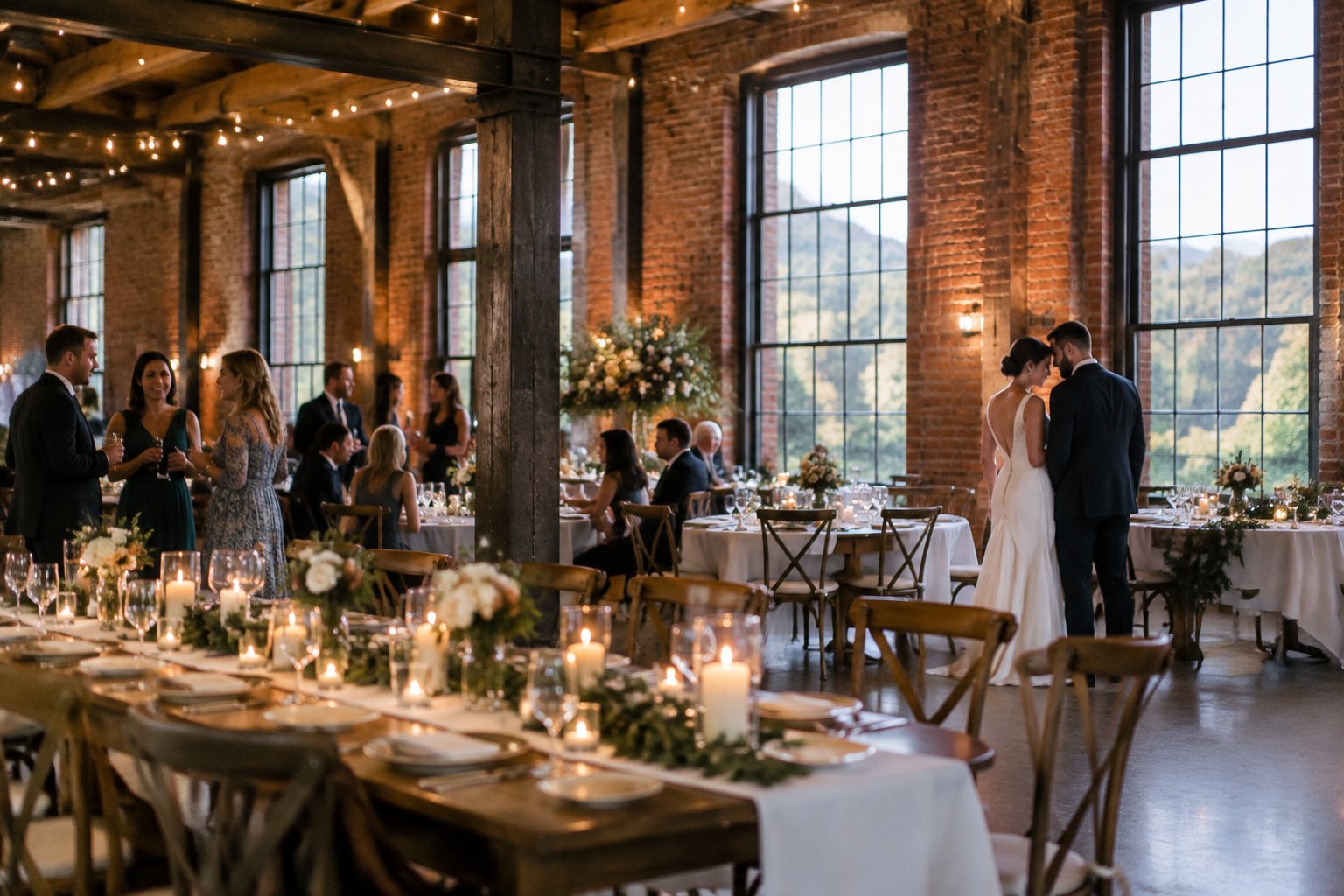 Guests gather for a wedding reception in a brick industrial venue.