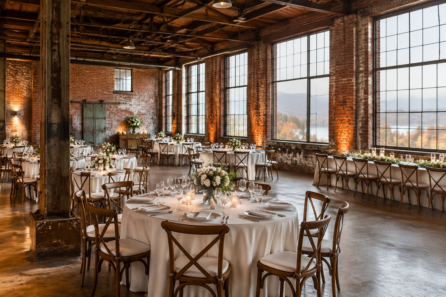 A wedding reception setup inside a brick industrial venue with exposed beams and tall windows.