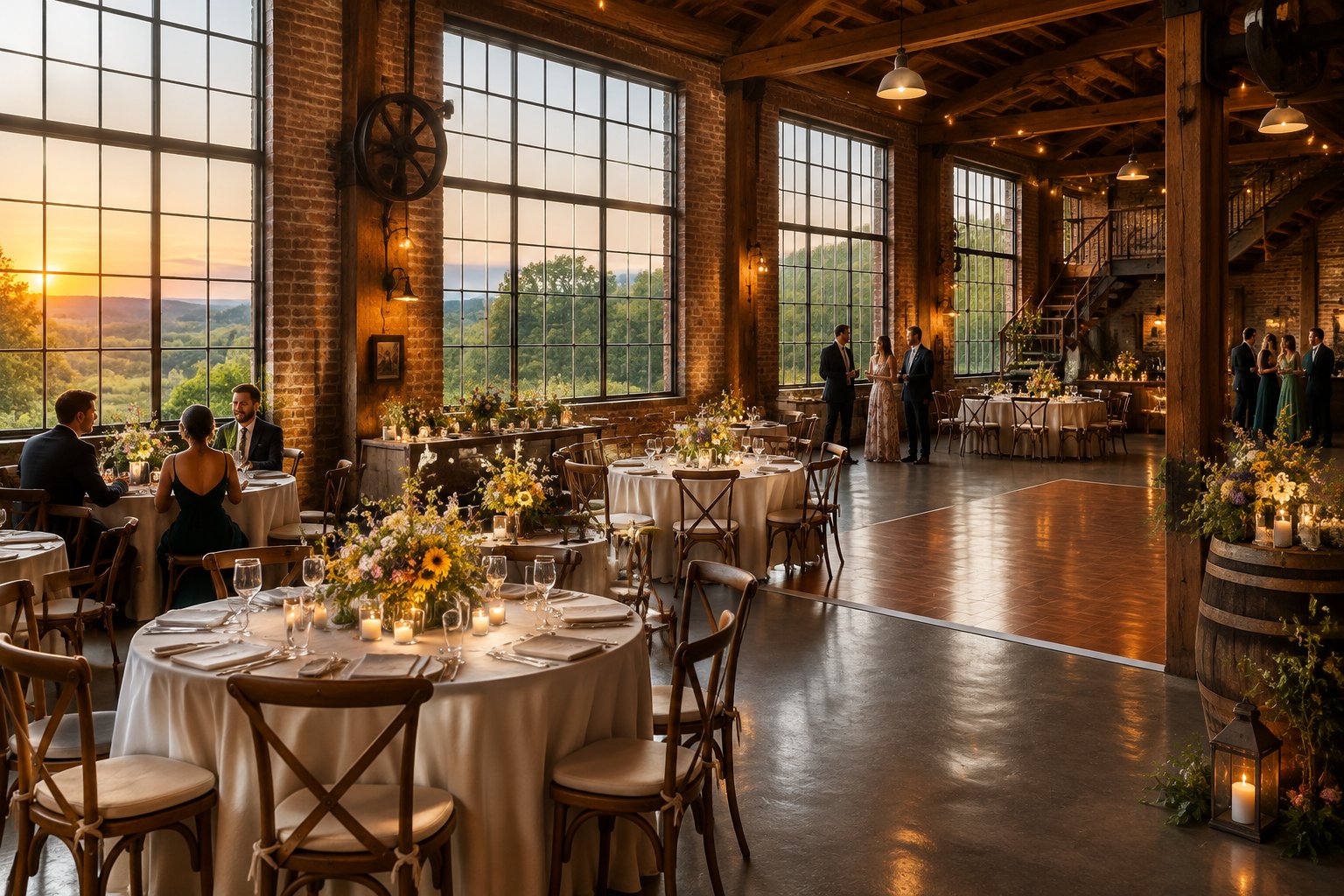 Guests gather for a wedding reception inside a brick industrial venue with views of the countryside.