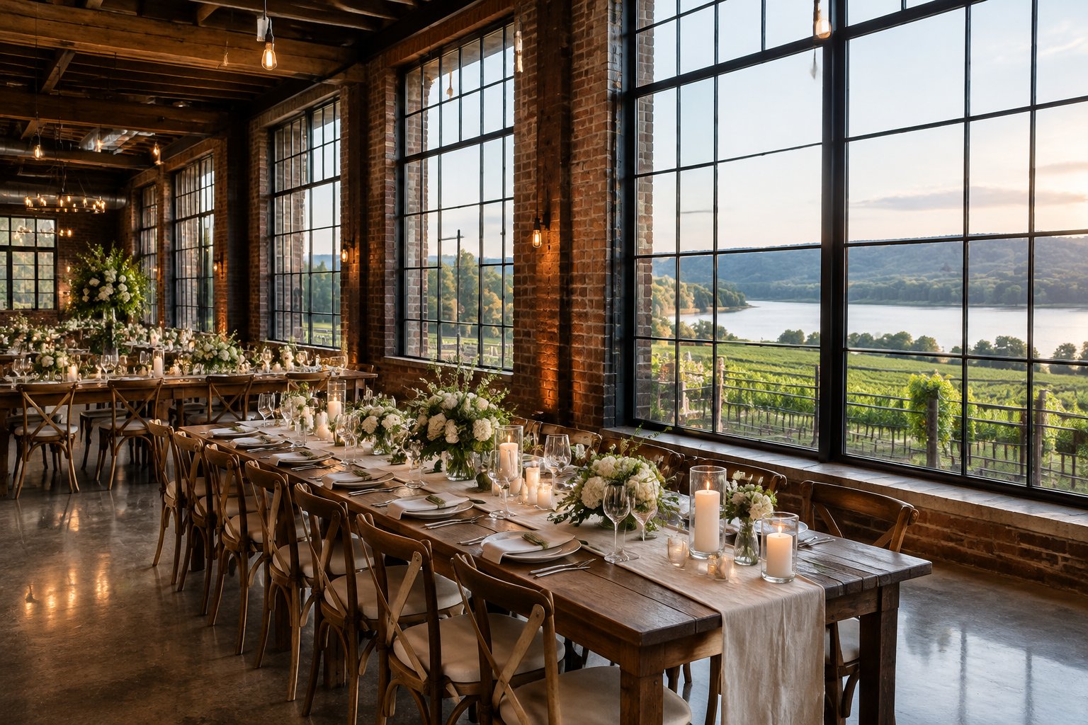 A wedding reception table inside a brick venue overlooking a river and vineyard.