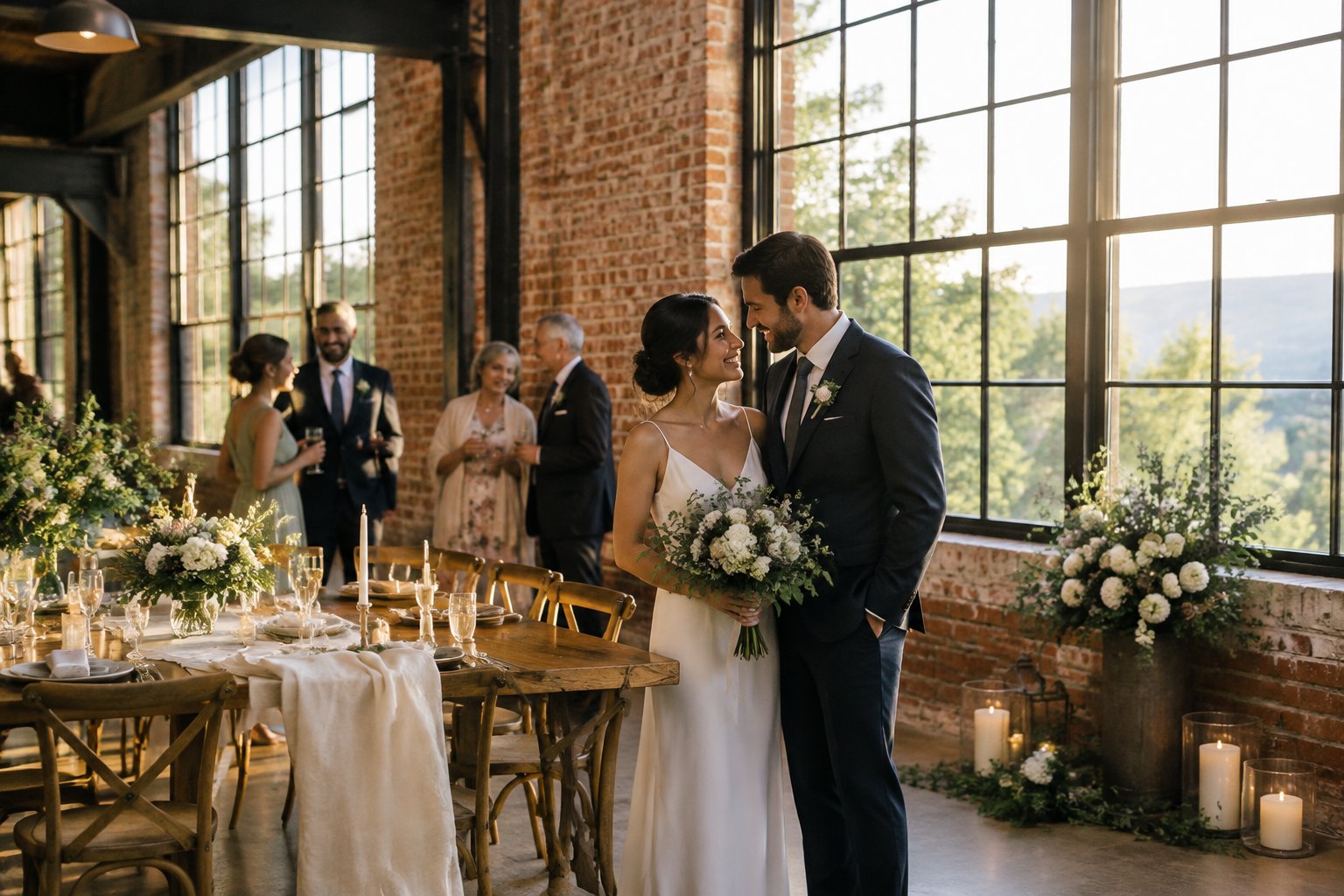 A couple celebrates with loved ones inside a brick wedding venue.