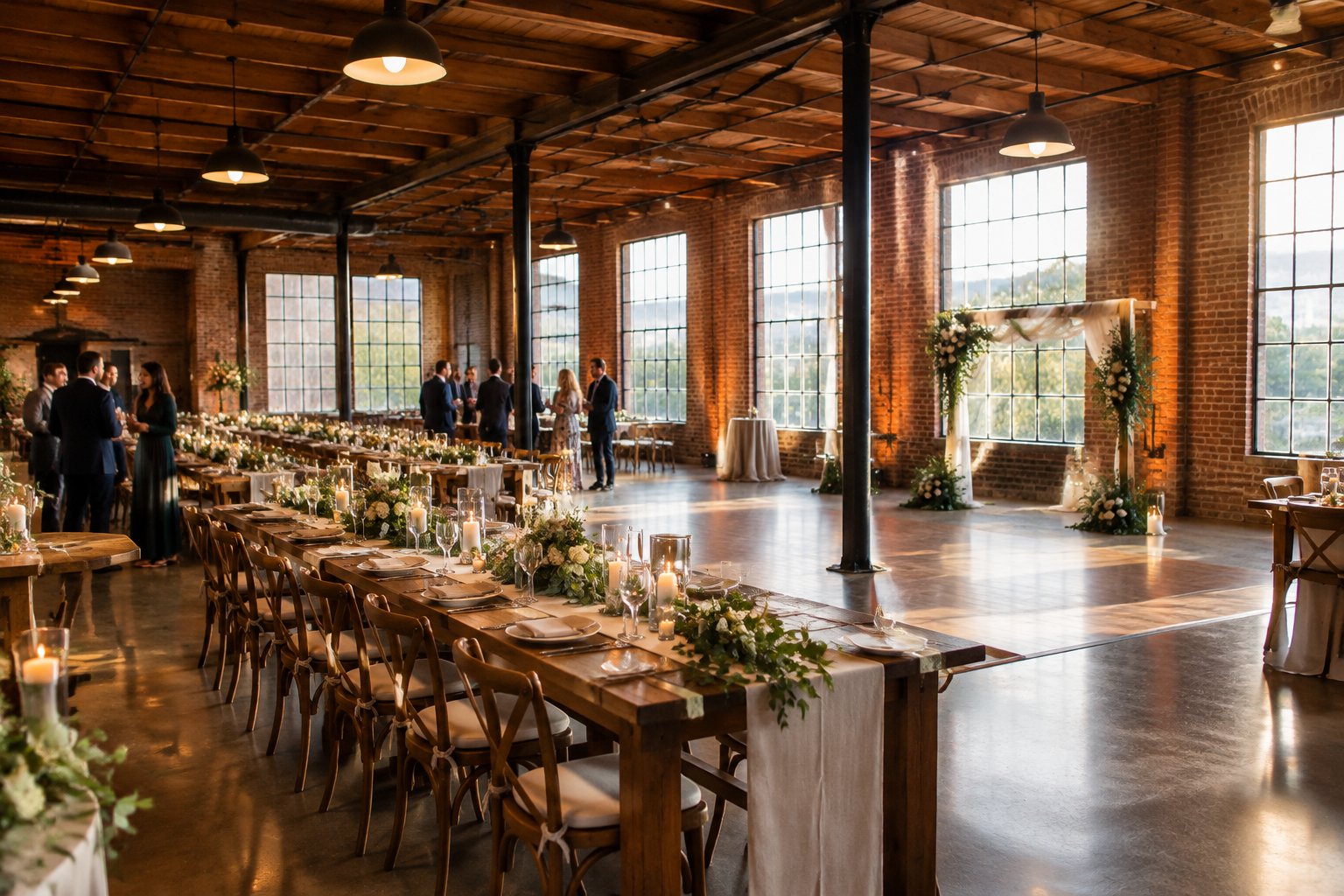 Guests gather for a wedding reception inside a brick warehouse venue.