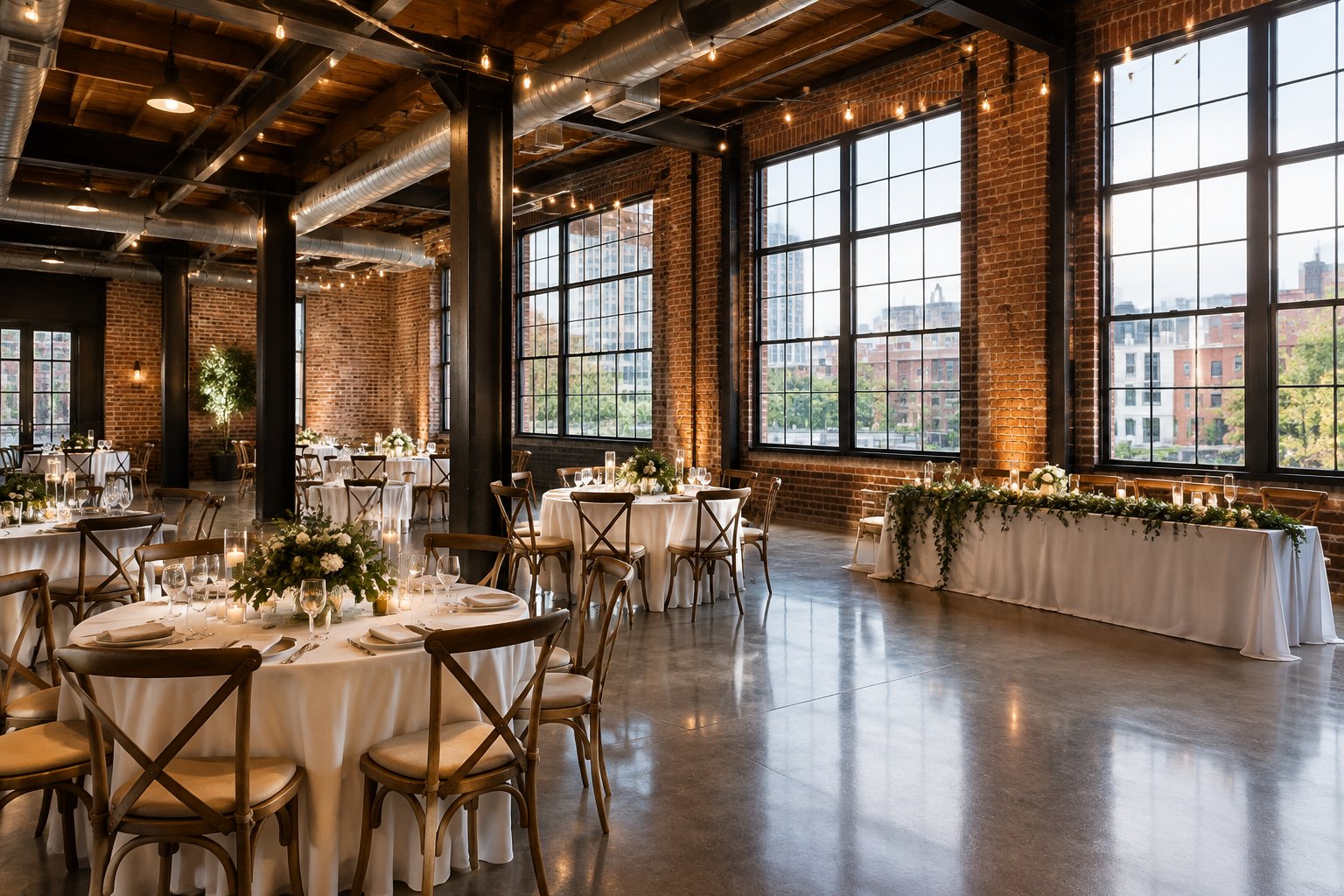 A wedding reception setup inside a brick-walled venue with tall windows and exposed beams.