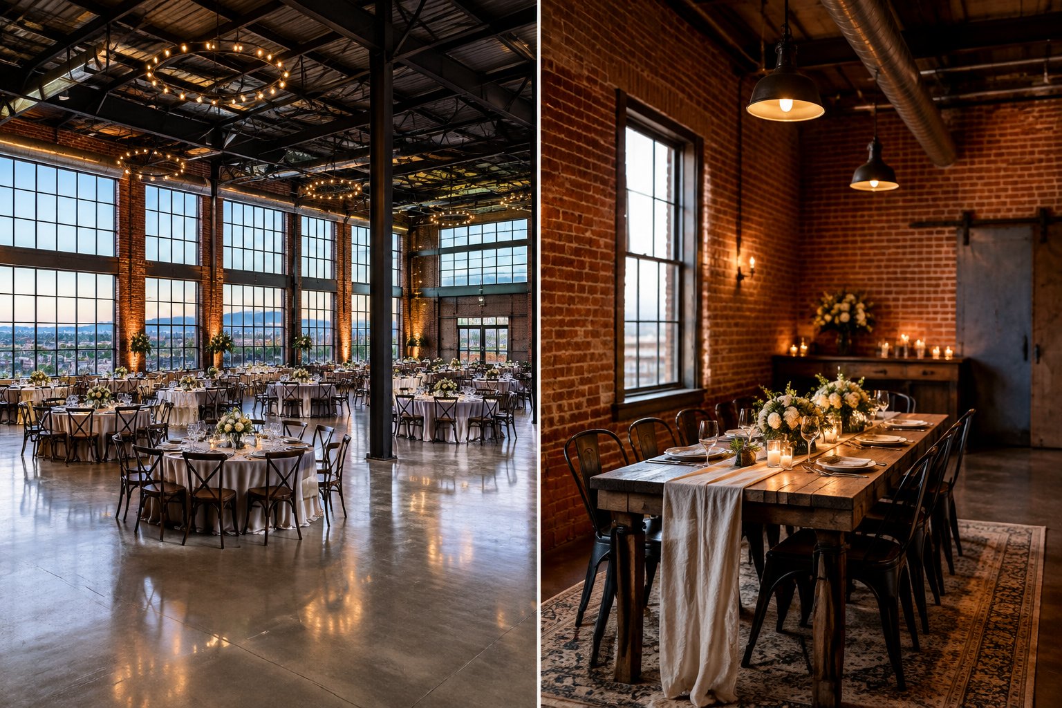 A spacious industrial wedding venue beside a smaller, warmly lit venue.