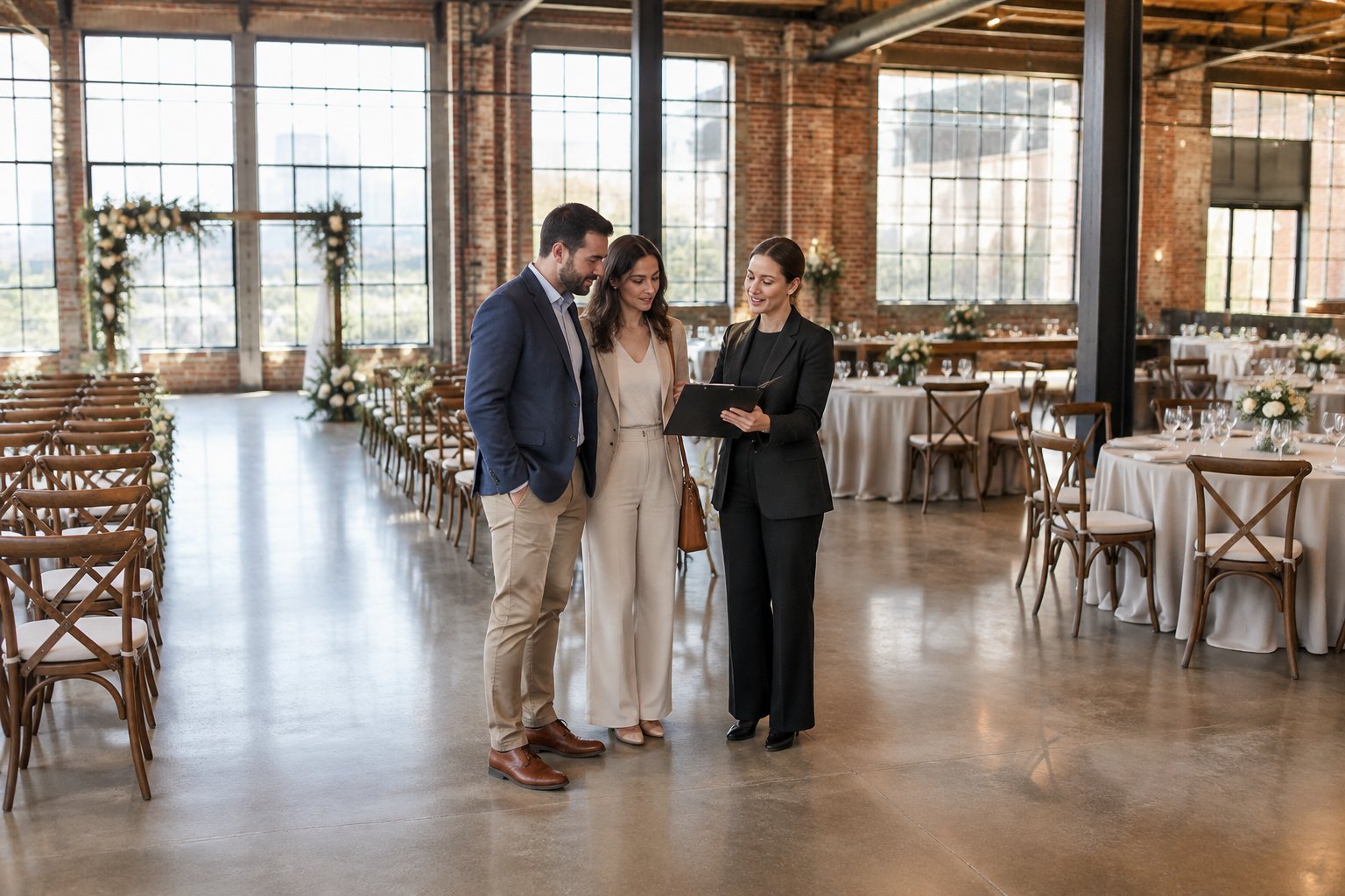 A couple and venue coordinator review ceremony and reception arrangements in an industrial wedding venue.