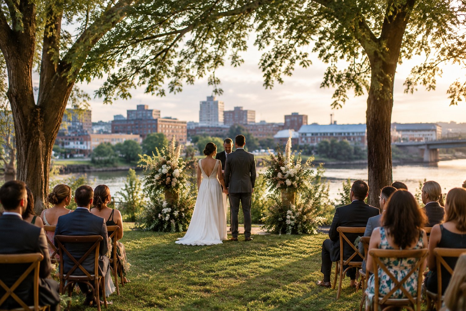 A couple stands at an outdoor wedding ceremony in a garden near the city.