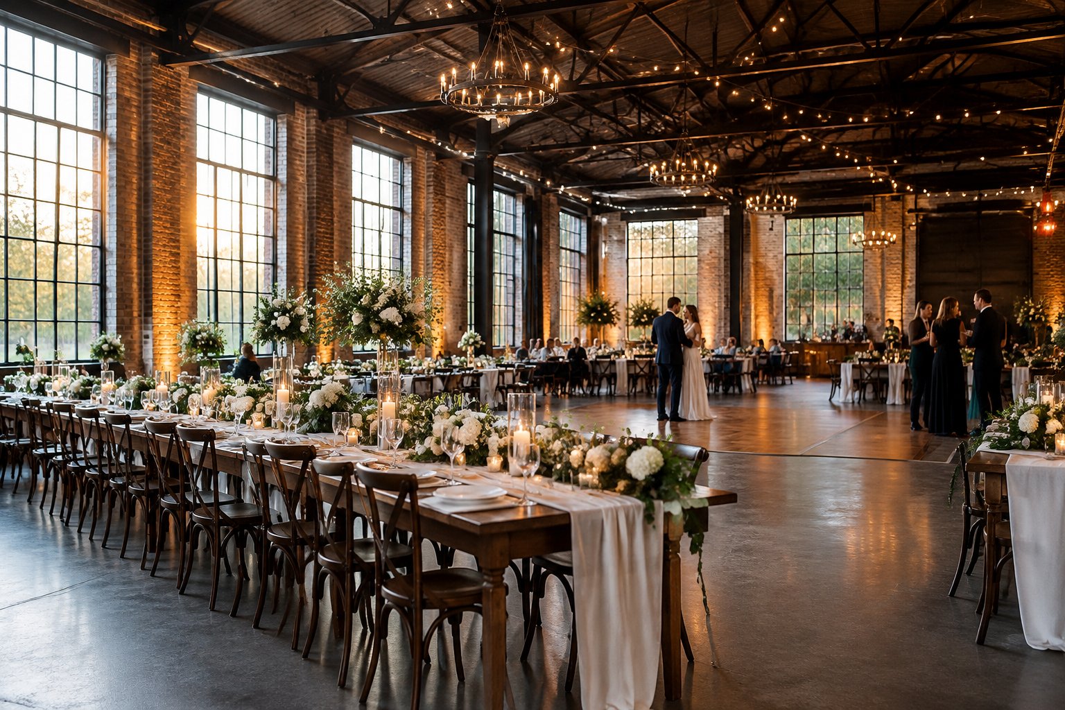 A wedding reception set inside a spacious brick-and-steel warehouse.