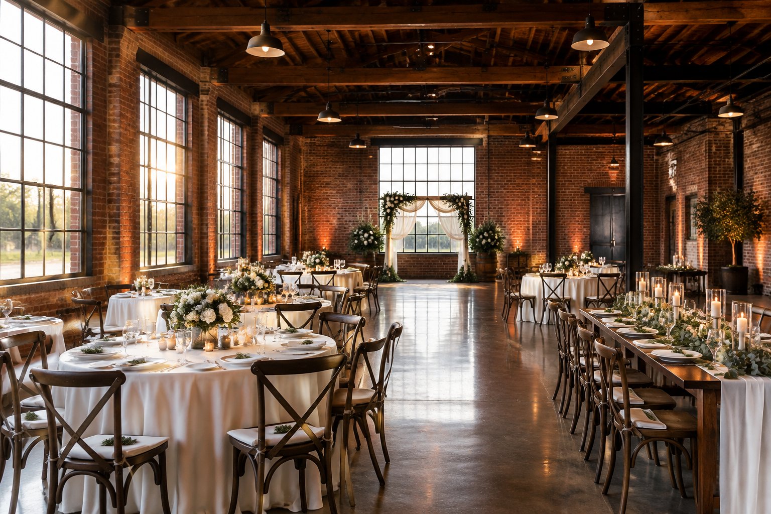 A wedding reception setup inside a brick-walled venue with tall windows and exposed beams.