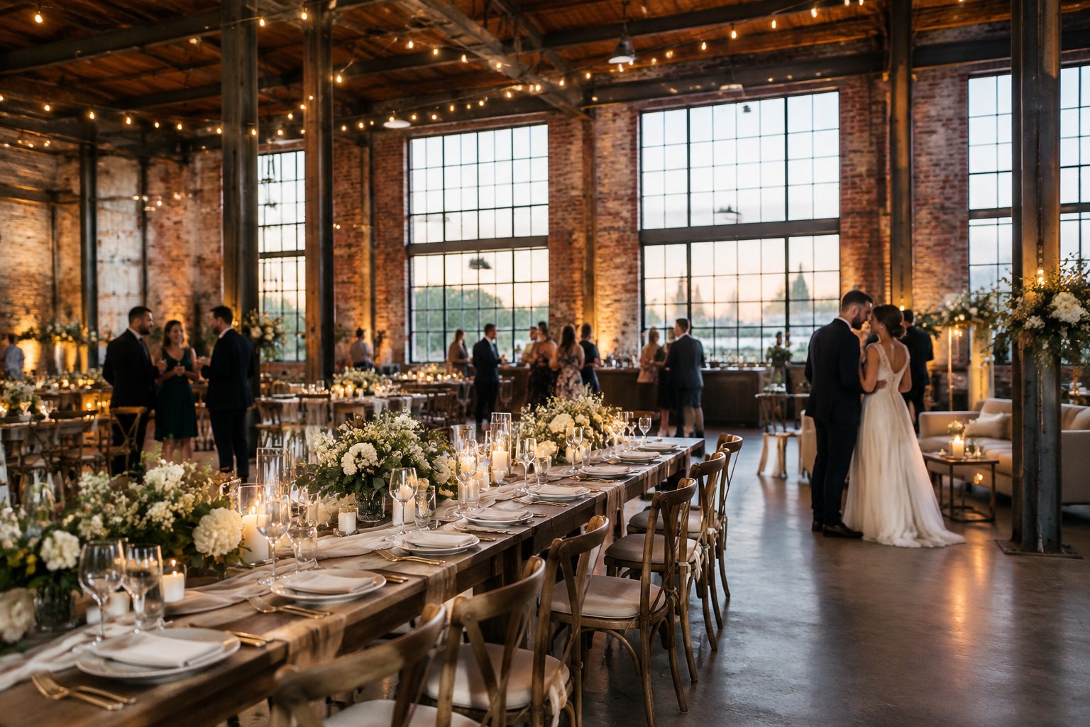 Guests gather at a wedding reception in a brick warehouse venue.