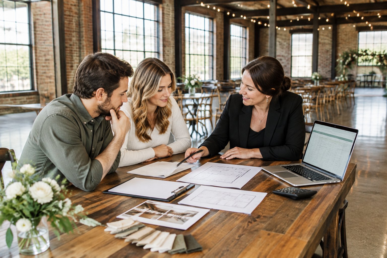 A couple and venue coordinator review wedding plans at a table inside an industrial venue.