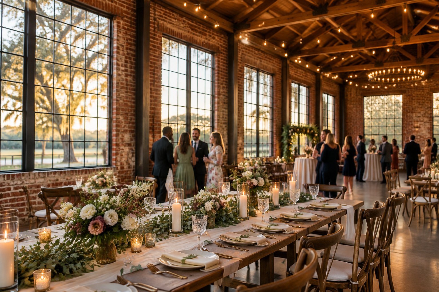 Guests mingle at a wedding reception in a brick warehouse venue.