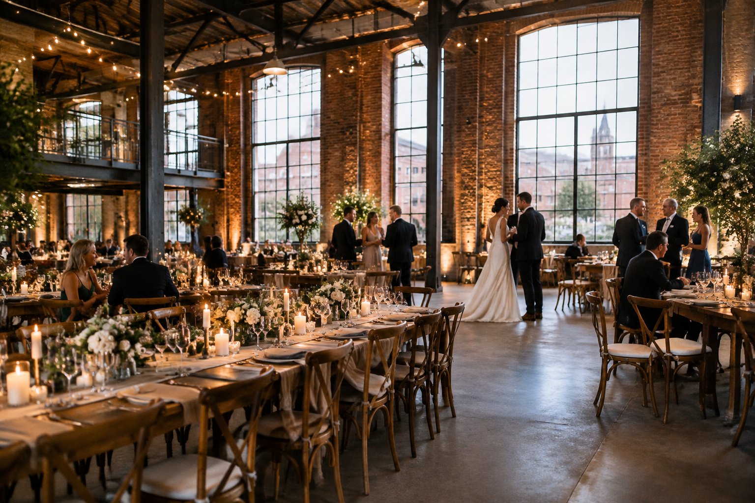 Guests gather for a wedding reception in a brick-walled venue.