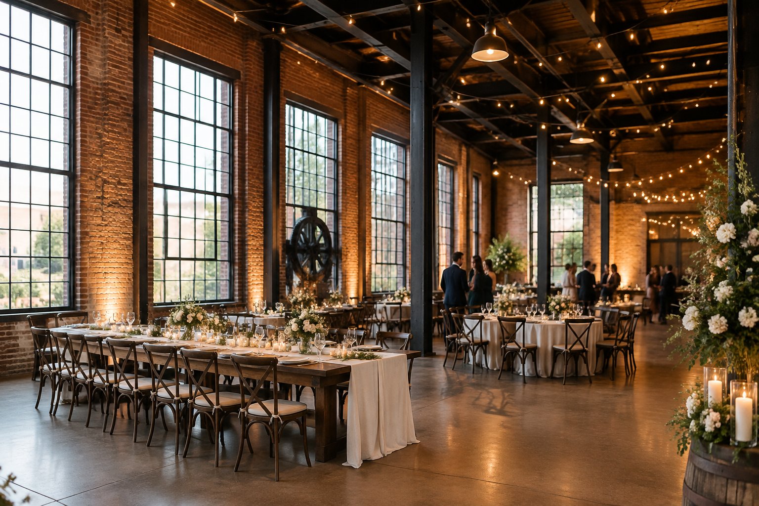 A wedding reception set inside a brick-walled venue with tall windows and exposed beams.