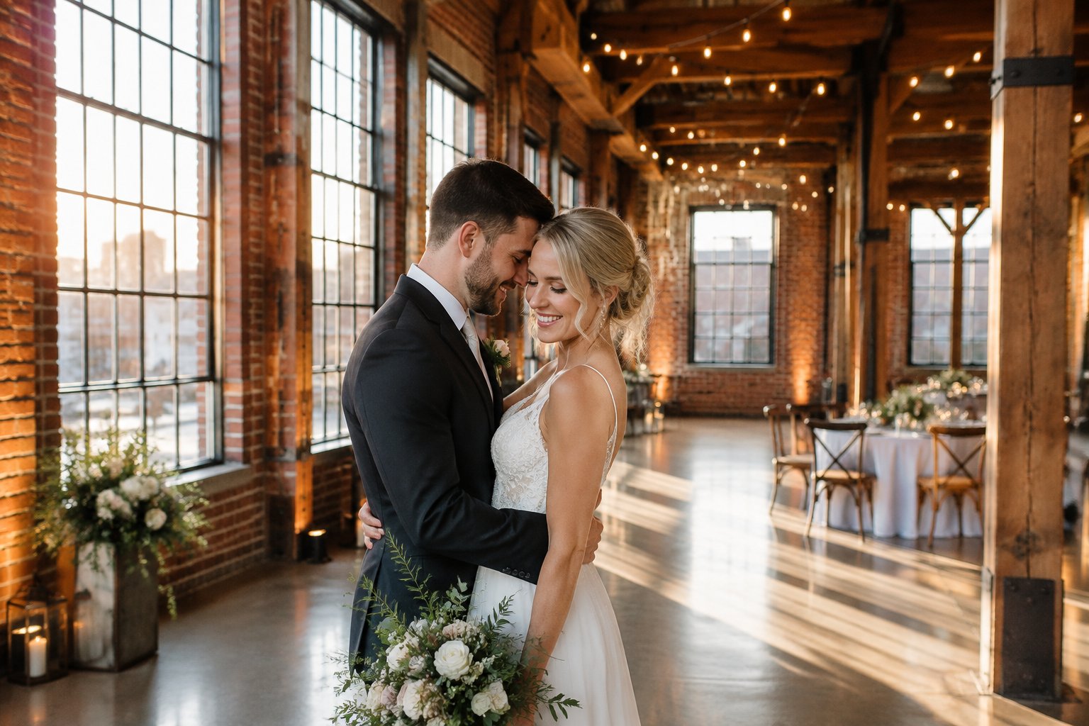 A newly married couple pose together inside a brick warehouse wedding venue.