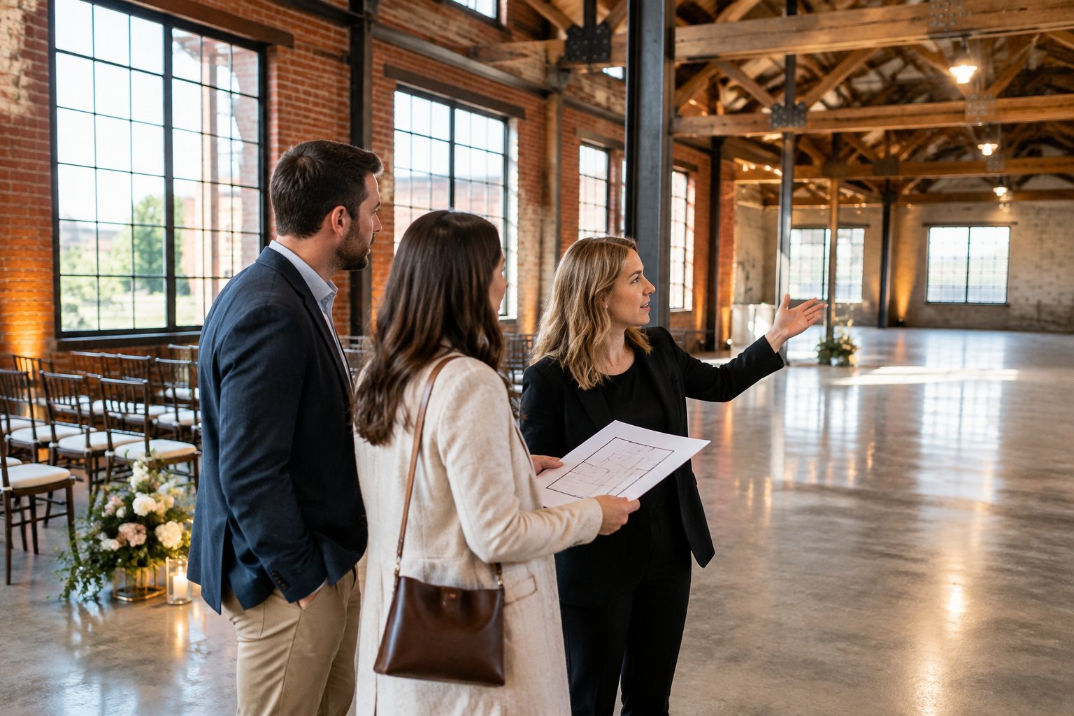 A couple and venue coordinator compare two industrial wedding spaces.