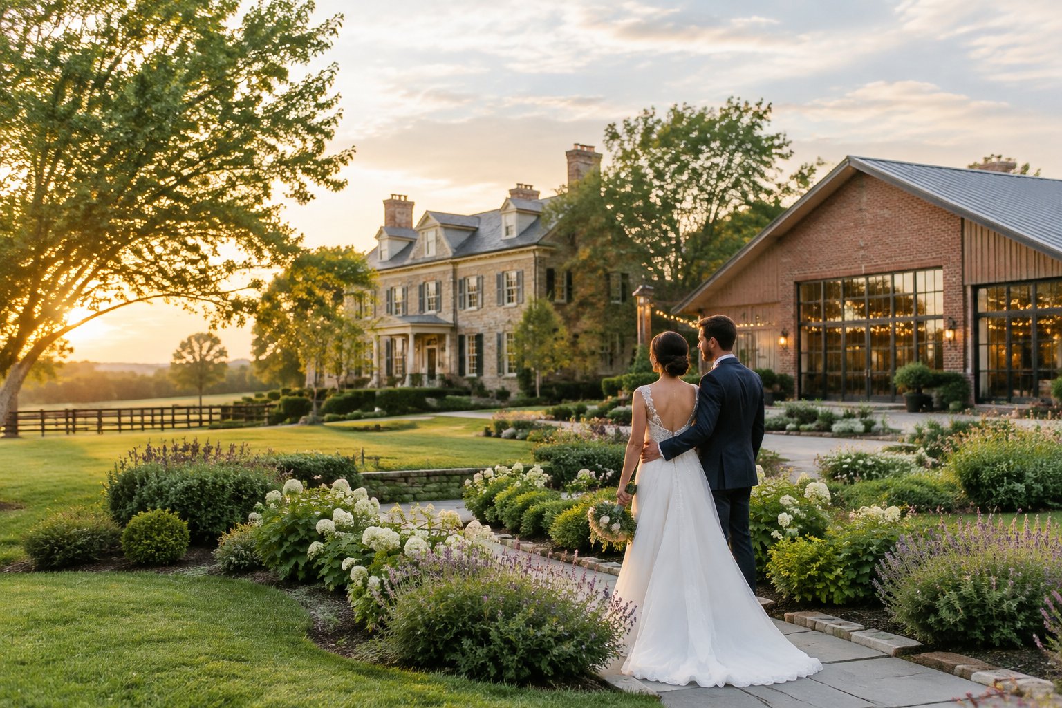 A couple in wedding attire stands in a garden between an estate and a converted barn.