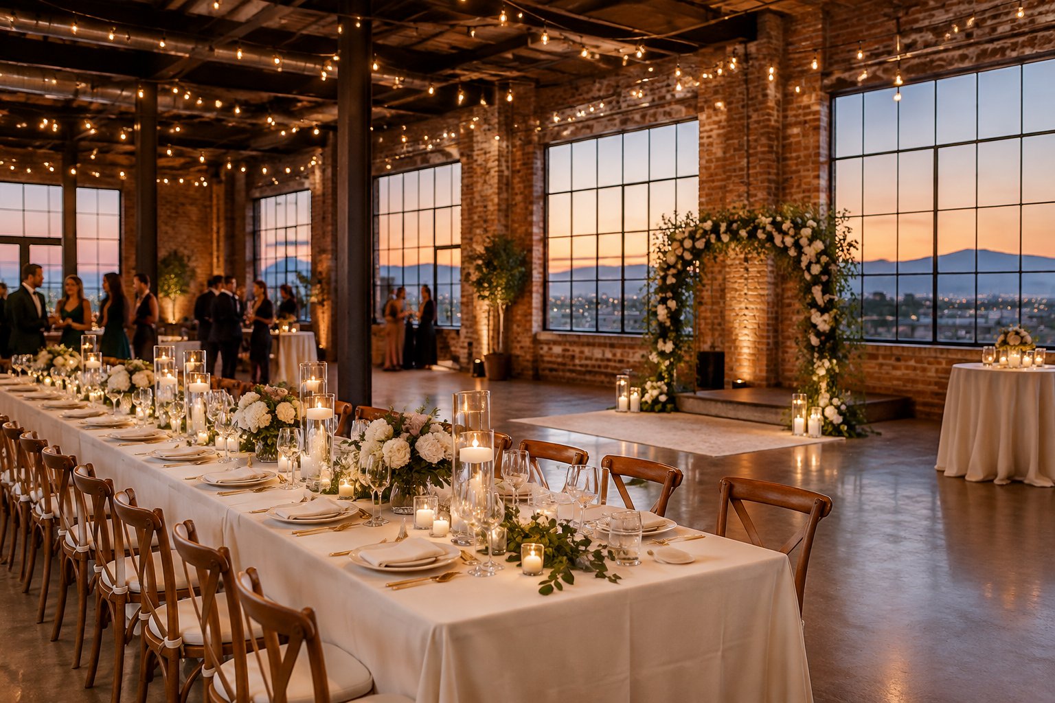 A decorated wedding reception in a spacious industrial venue with exposed beams and brick walls.