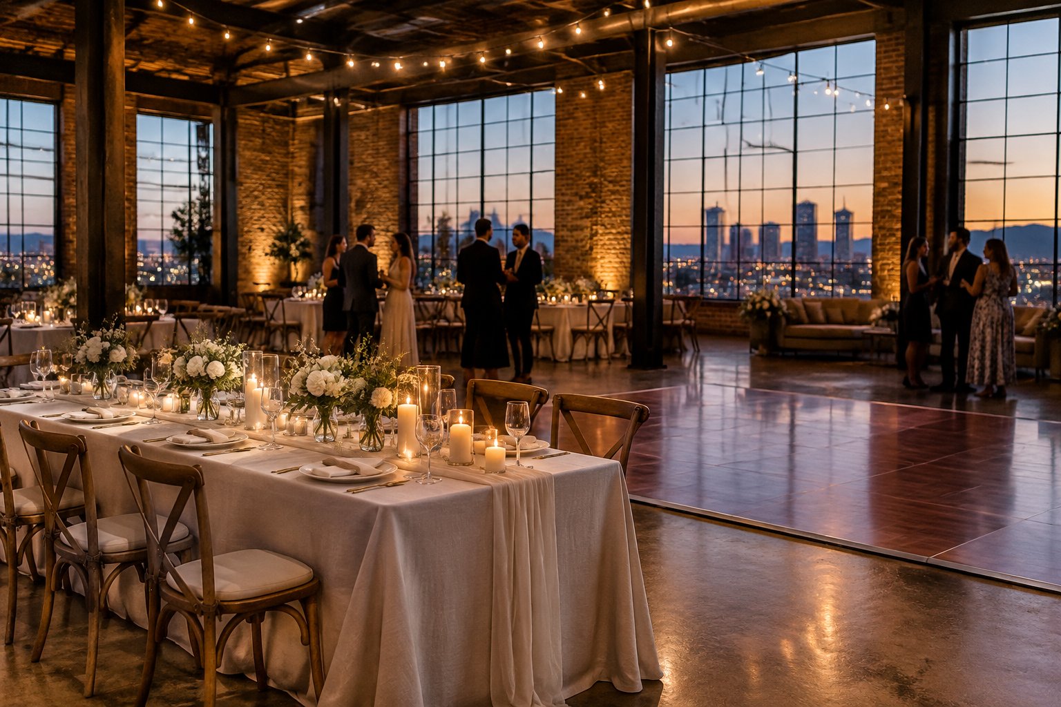Guests mingle at a wedding reception in a brick-and-steel warehouse venue.