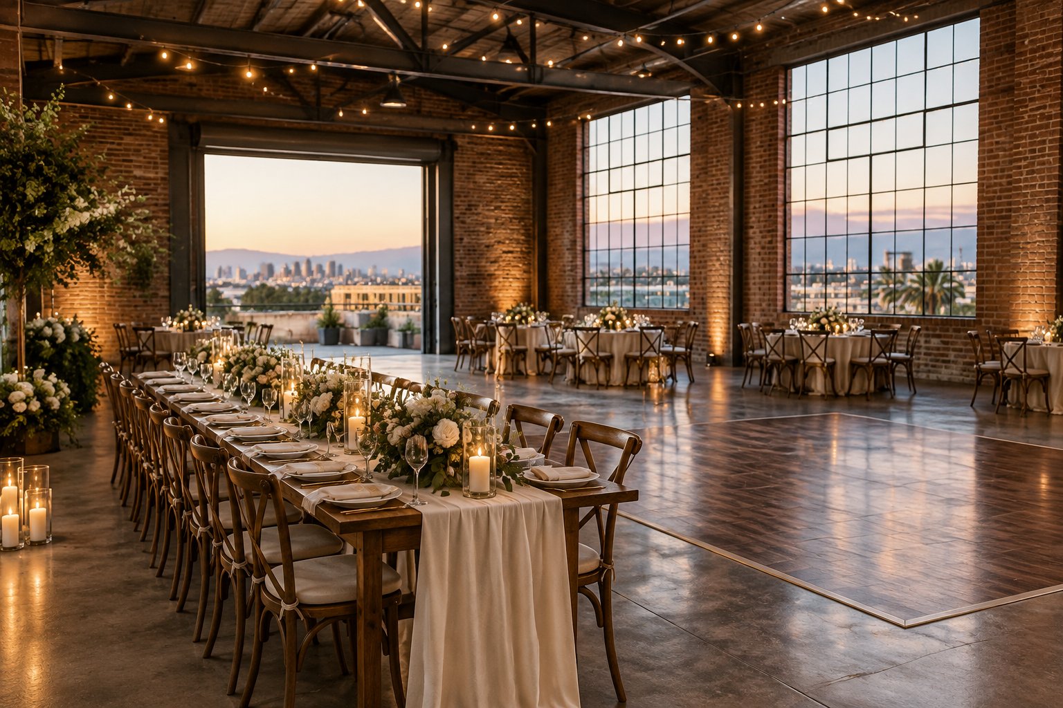A warmly decorated wedding reception in a spacious industrial venue.