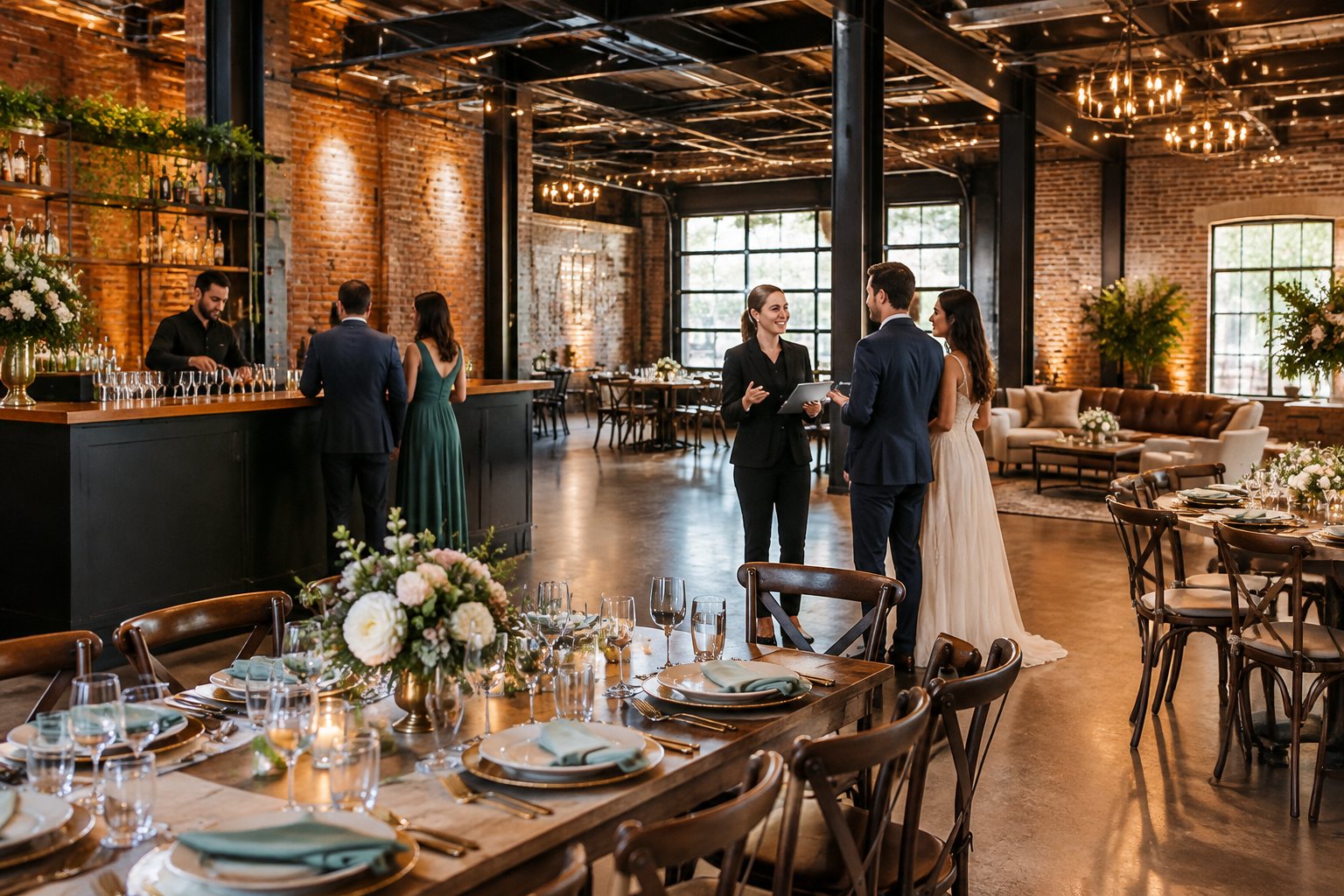 Guests enjoy a wedding reception in an industrial venue with banquet tables, a bar, and lounge seating.