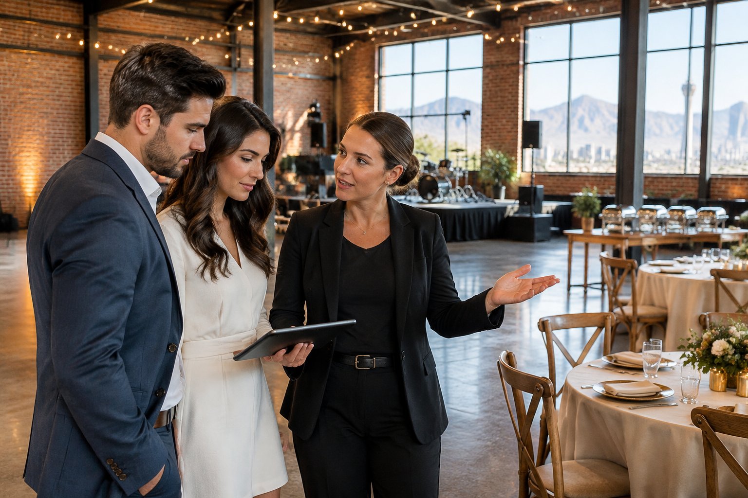 A couple and venue coordinator review wedding plans inside an industrial event space.