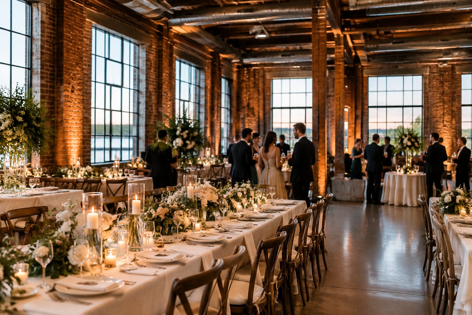 Guests gather around decorated tables at a wedding reception in a brick industrial venue.
