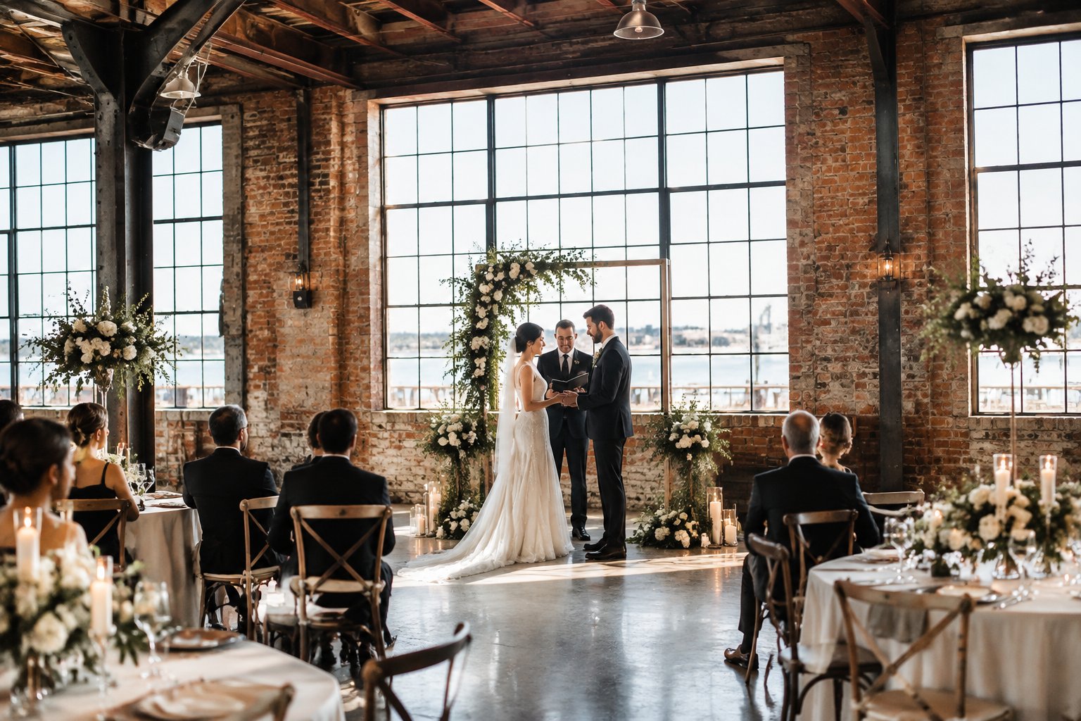 A couple exchanges vows in a brick-and-steel wedding venue as guests watch.