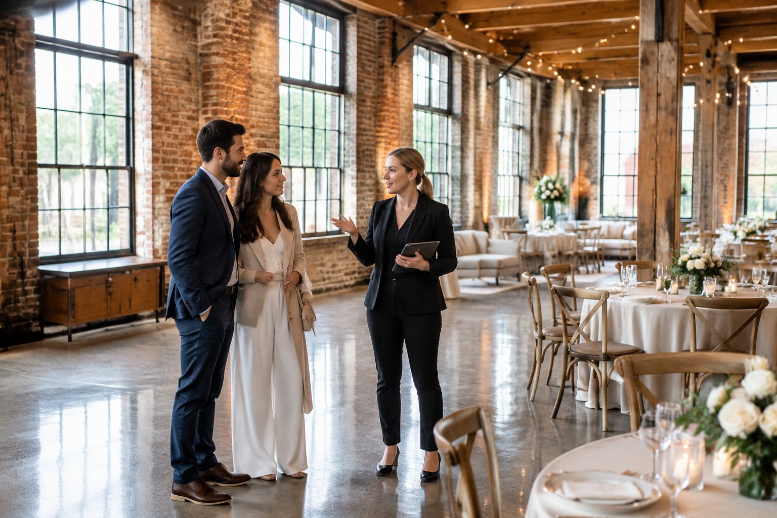 A couple tours an industrial wedding venue with an event coordinator.